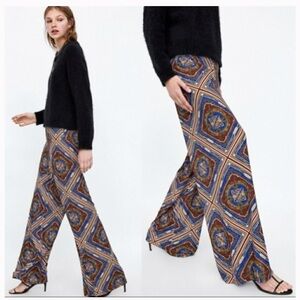 Zara wide leg pants scarf print palazzo brown blue large